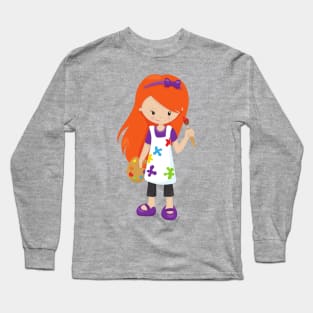 Painter, Paint Artist, Cute Girl, Orange Hair Long Sleeve T-Shirt